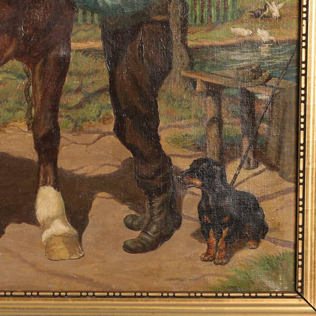 20th Century Original Oil on Canvas Painting Pair of Work Horses Pulling Cart Signed C. Hertz