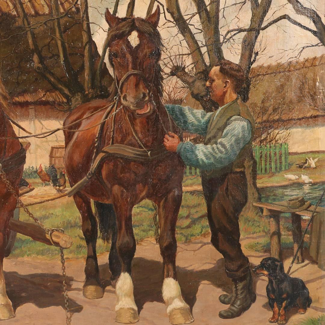 Danish original oil on canvas painting of a farmer harnessing his work horses to a cart, signed C. Hertz and dated 1919 in the lower left. Please enlarge the close up photos to appreciate the small details in this painting, such as the small dog at