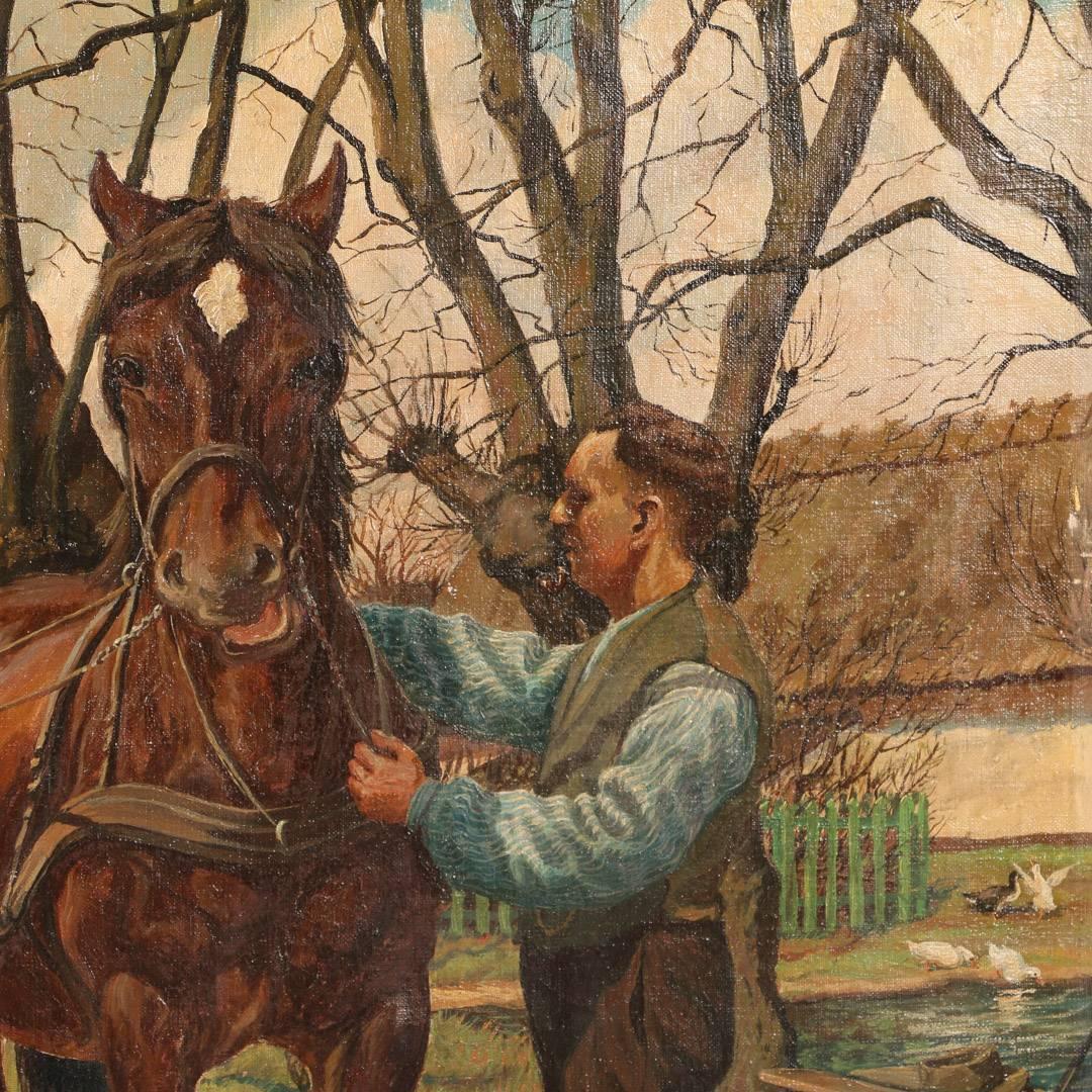 Danish Original Oil on Canvas Painting Pair of Work Horses Pulling Cart Signed C. Hertz