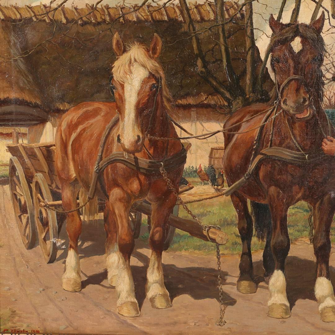 Original Oil on Canvas Painting Pair of Work Horses Pulling Cart Signed C. Hertz In Good Condition In Round Top, TX