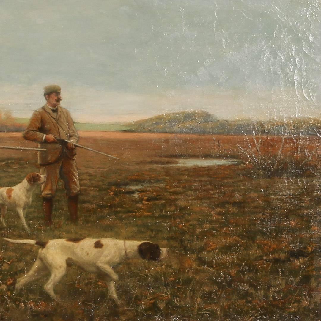 Danish Large Original Oil on Canvas Painting of Two Hunters and Their Dogs, circa 1900s