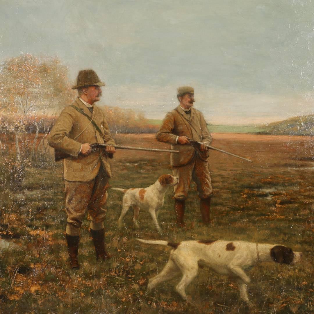 This original oil on canvas painting portrays two hunters afield with they rifles and English Pointer hunting dogs catching the scent of their prey. Please enlarge and examine the close up photos to appreciate the fine details of both the painting