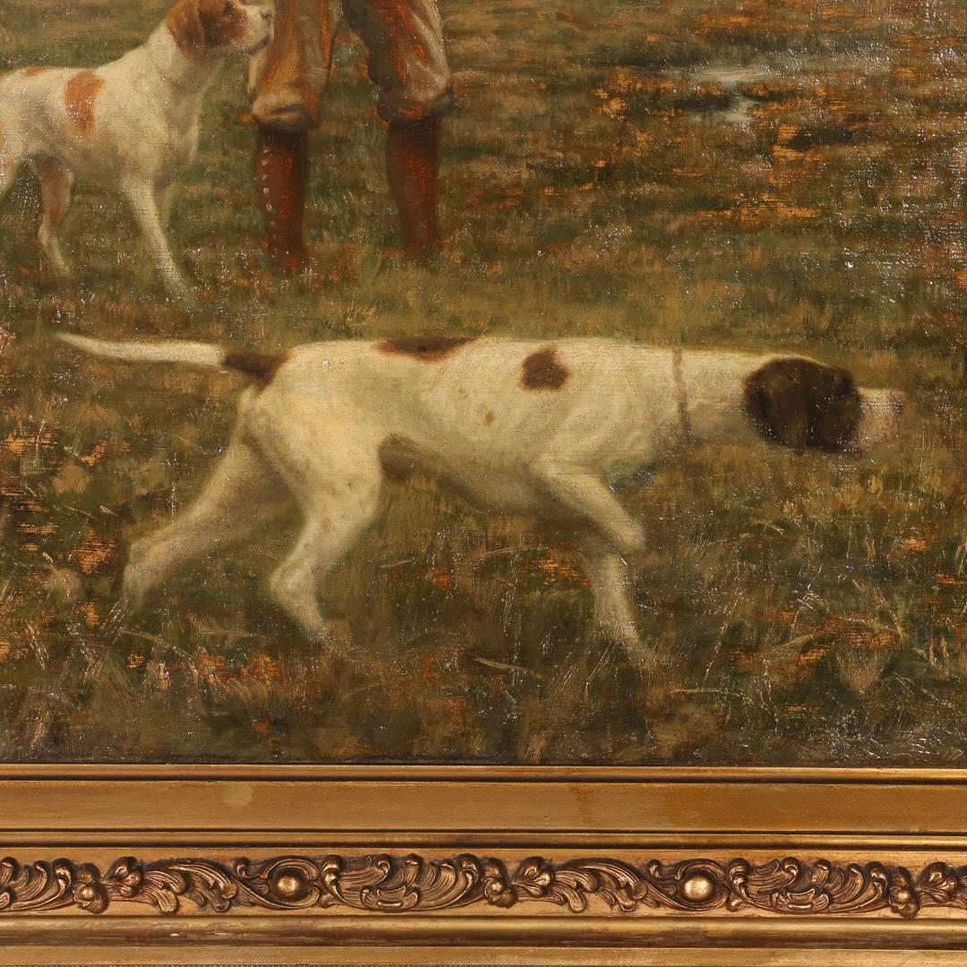 Large Original Oil on Canvas Painting of Two Hunters and Their Dogs, circa 1900s In Good Condition In Round Top, TX