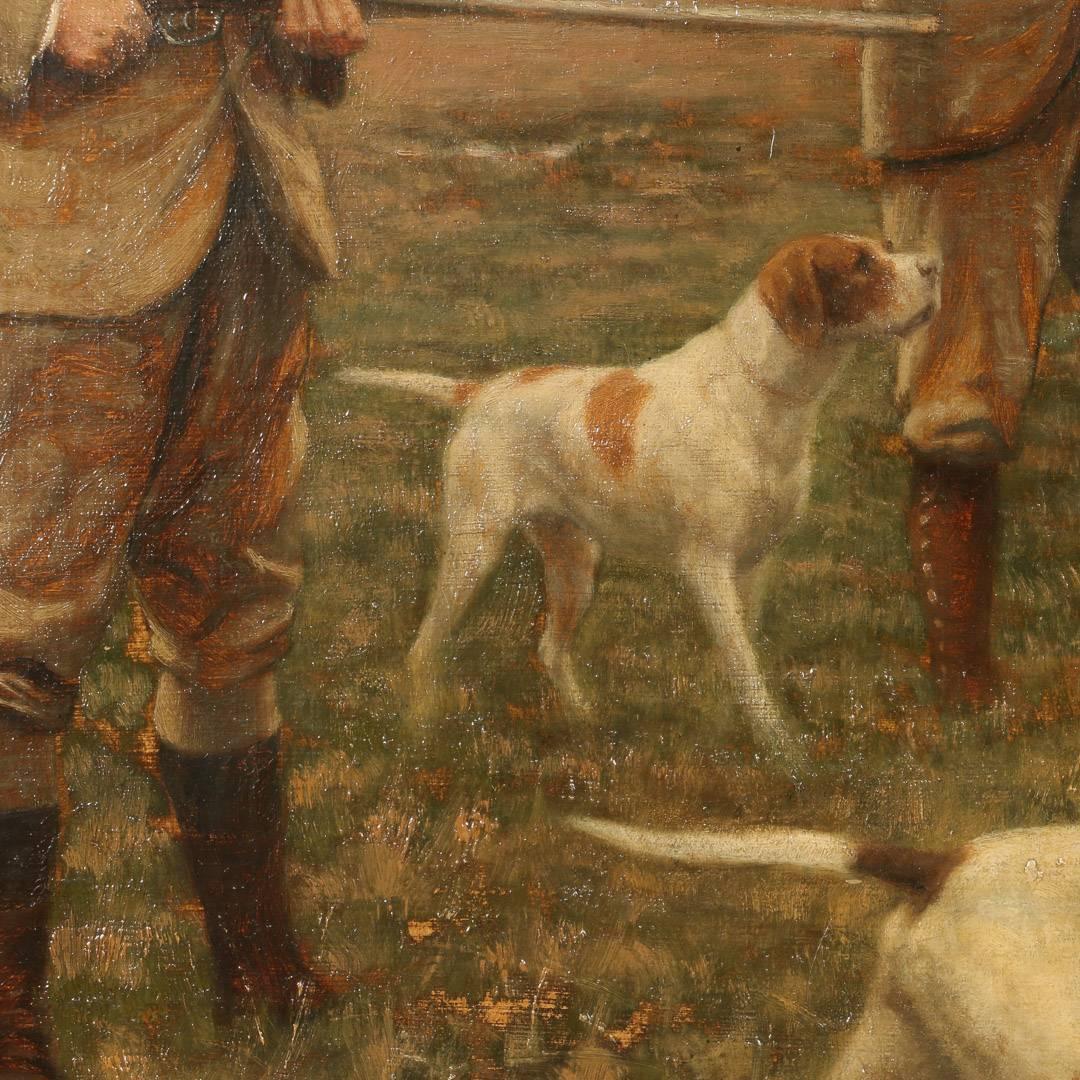 20th Century Large Original Oil on Canvas Painting of Two Hunters and Their Dogs, circa 1900s