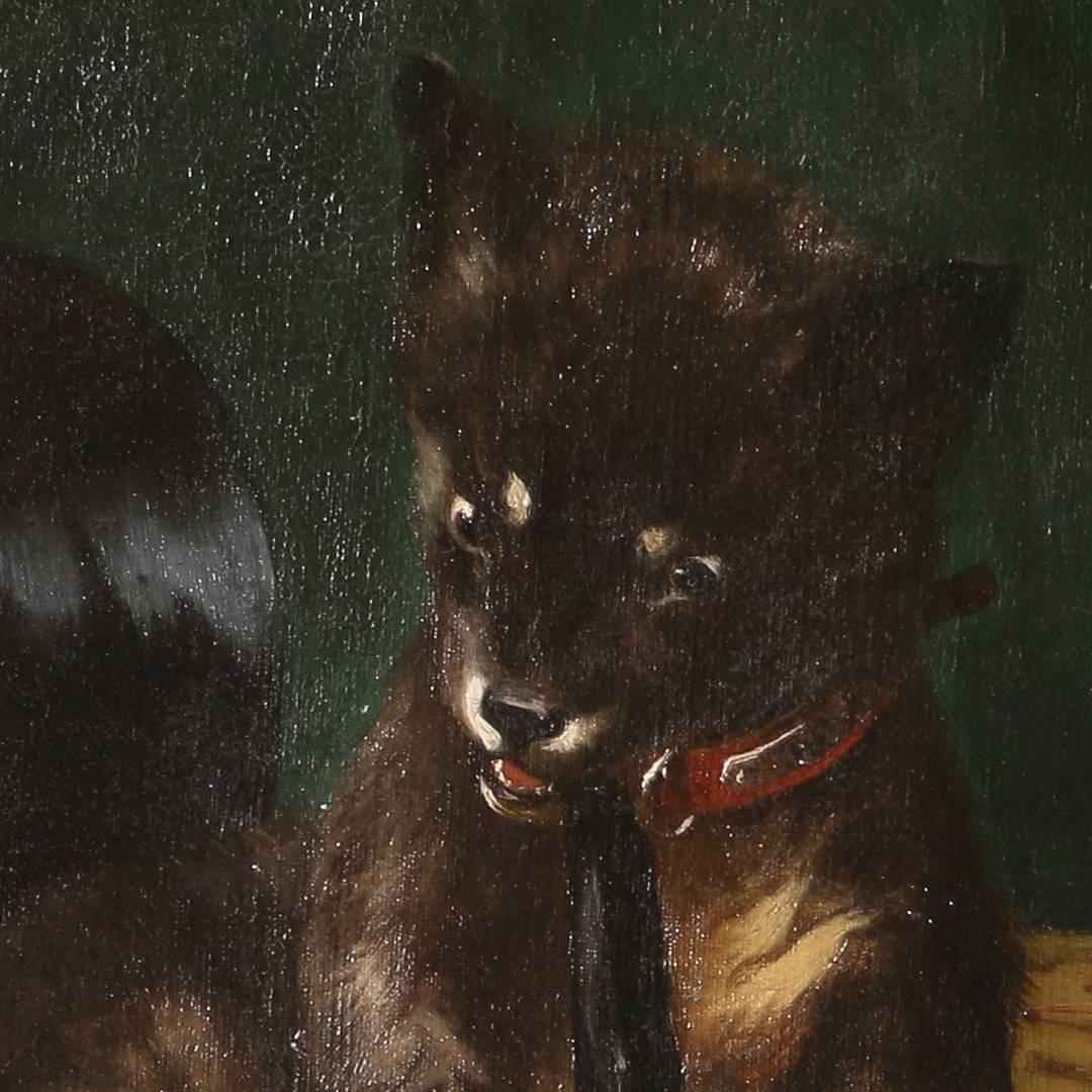 19th Century Original Oil on Canvas Painting, Dog Chewing a Gentleman's Glove, A. Mackeprang