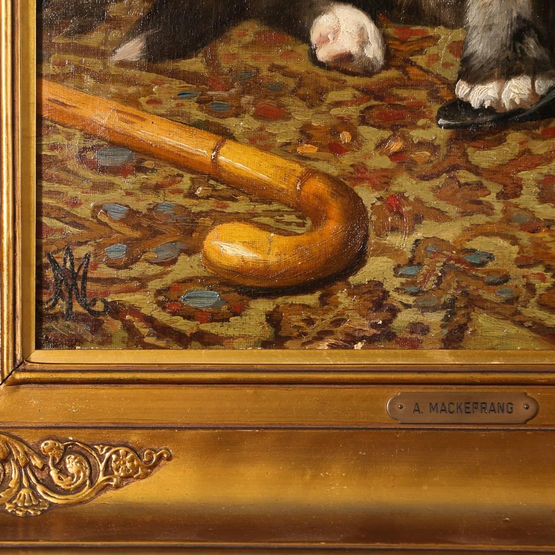 Danish Original Oil on Canvas Painting, Dog Chewing a Gentleman's Glove, A. Mackeprang