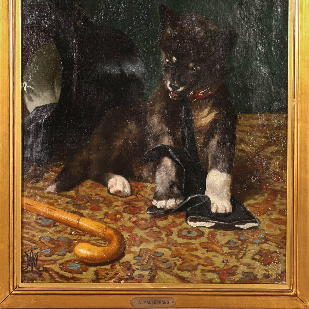 Charming signed original 19th century oil on canvas painting of a dog chewing a gentleman's glove on an oriental rug with a black top hat, umbrella and cane nearby. Monogram in lower left of Adolf Henrik Mackeprang, Danish 1833-1911. Please examine