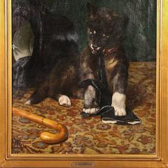 Original Oil on Canvas Painting, Dog Chewing a Gentleman's Glove, A. Mackeprang