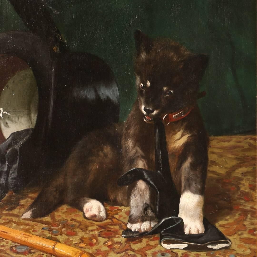 Original Oil on Canvas Painting, Dog Chewing a Gentleman's Glove, A. Mackeprang In Good Condition In Round Top, TX