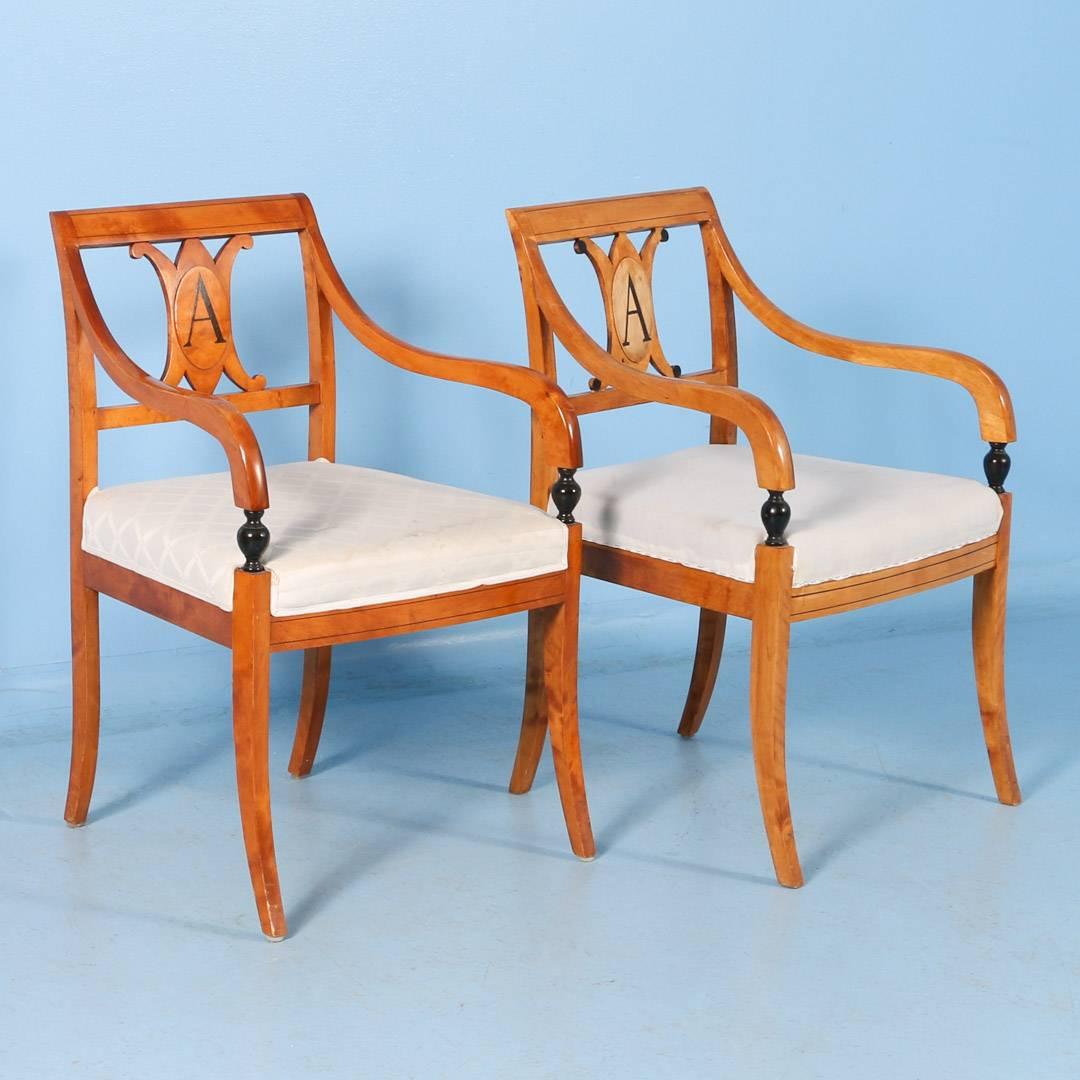 Pair of Antique Swedish Karl Johan Birch Armchairs with 