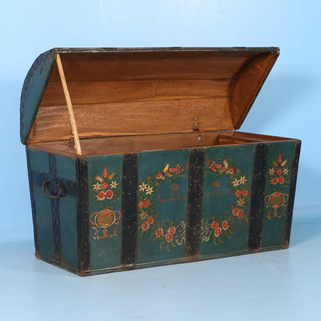 Antique Swedish Dome Top Trunk with Original Blue Green Paint, Dated 1847 In Good Condition In Round Top, TX