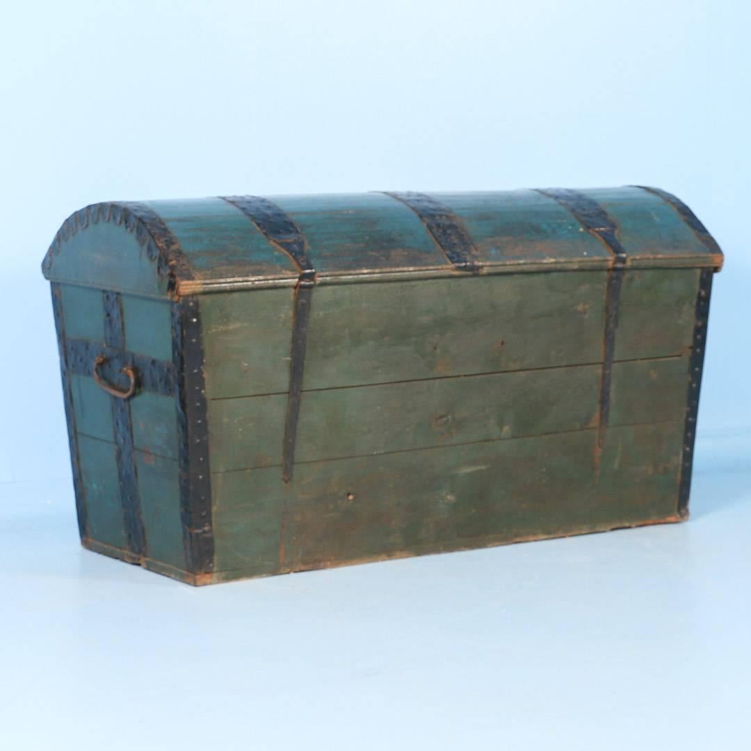 19th Century Antique Swedish Dome Top Trunk with Original Blue Green Paint, Dated 1847