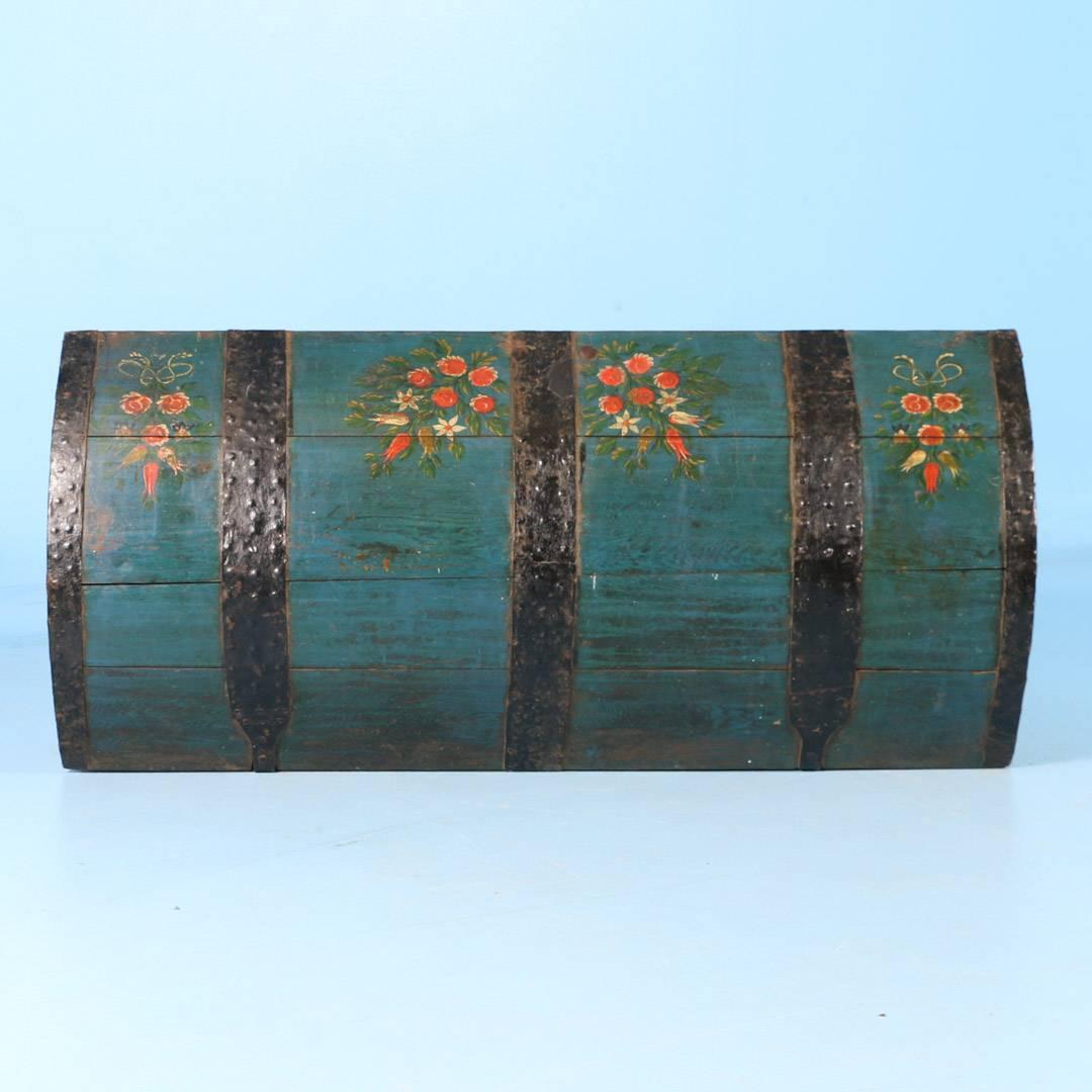 Antique Swedish Dome Top Trunk with Original Blue Green Paint, Dated 1847 1