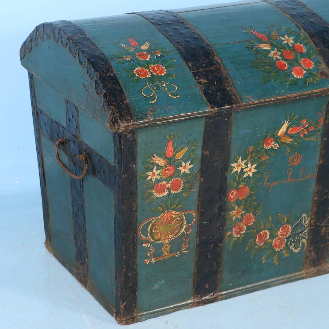Antique Swedish Dome Top Trunk with Original Blue Green Paint, Dated 1847 2