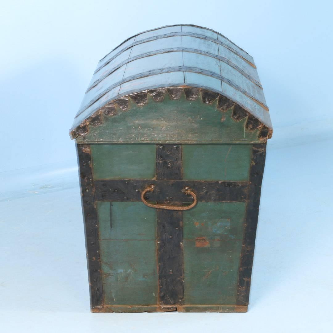 Antique Swedish Dome Top Trunk with Original Blue Green Paint, Dated 1847 3