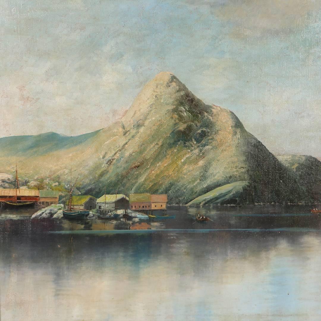 Antique Oil on Canvas Painting of Norwegian Sea Harbor and Mountains, circa 1890 In Good Condition In Round Top, TX