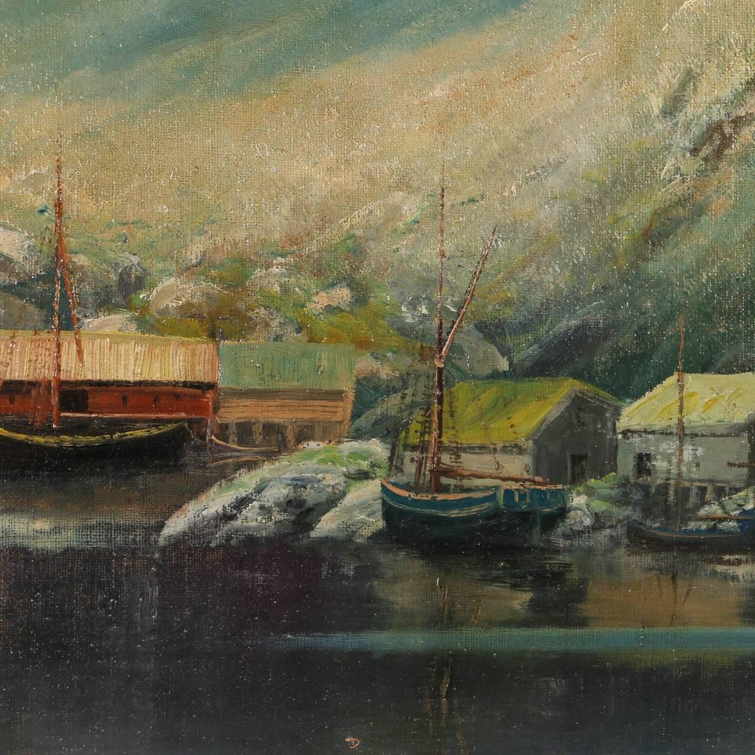 Antique Oil on Canvas Painting of Norwegian Sea Harbor and Mountains, circa 1890 1