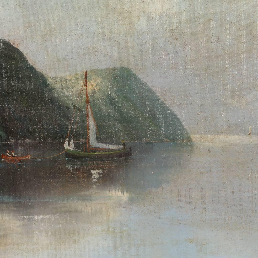 Antique Oil on Canvas Painting of Norwegian Sea Harbor and Mountains, circa 1890 4