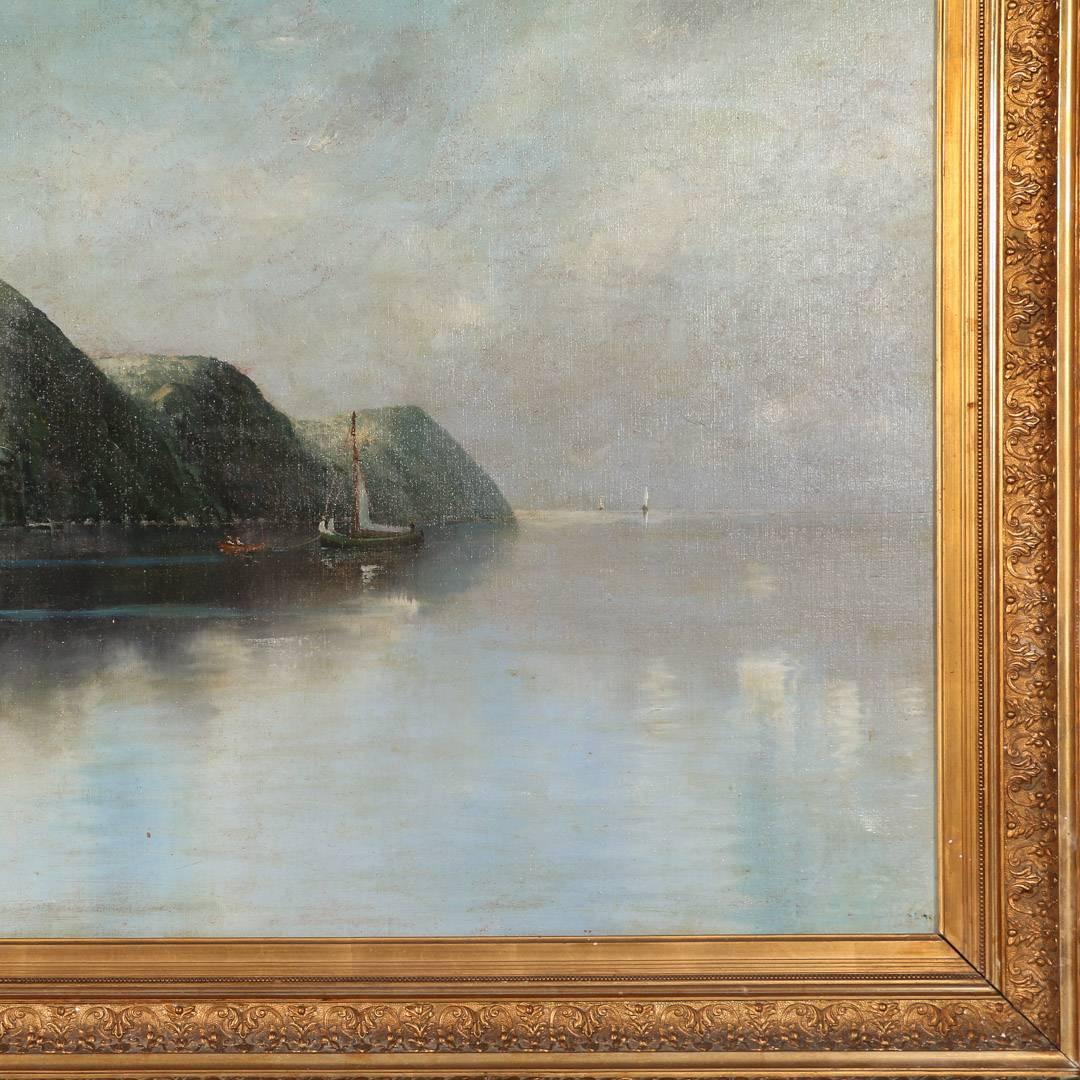 Antique Oil on Canvas Painting of Norwegian Sea Harbor and Mountains, circa 1890 3