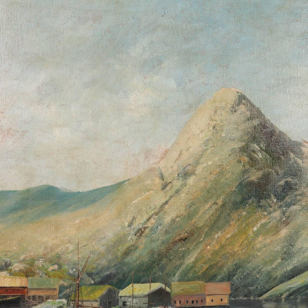 19th Century Antique Oil on Canvas Painting of Norwegian Sea Harbor and Mountains, circa 1890