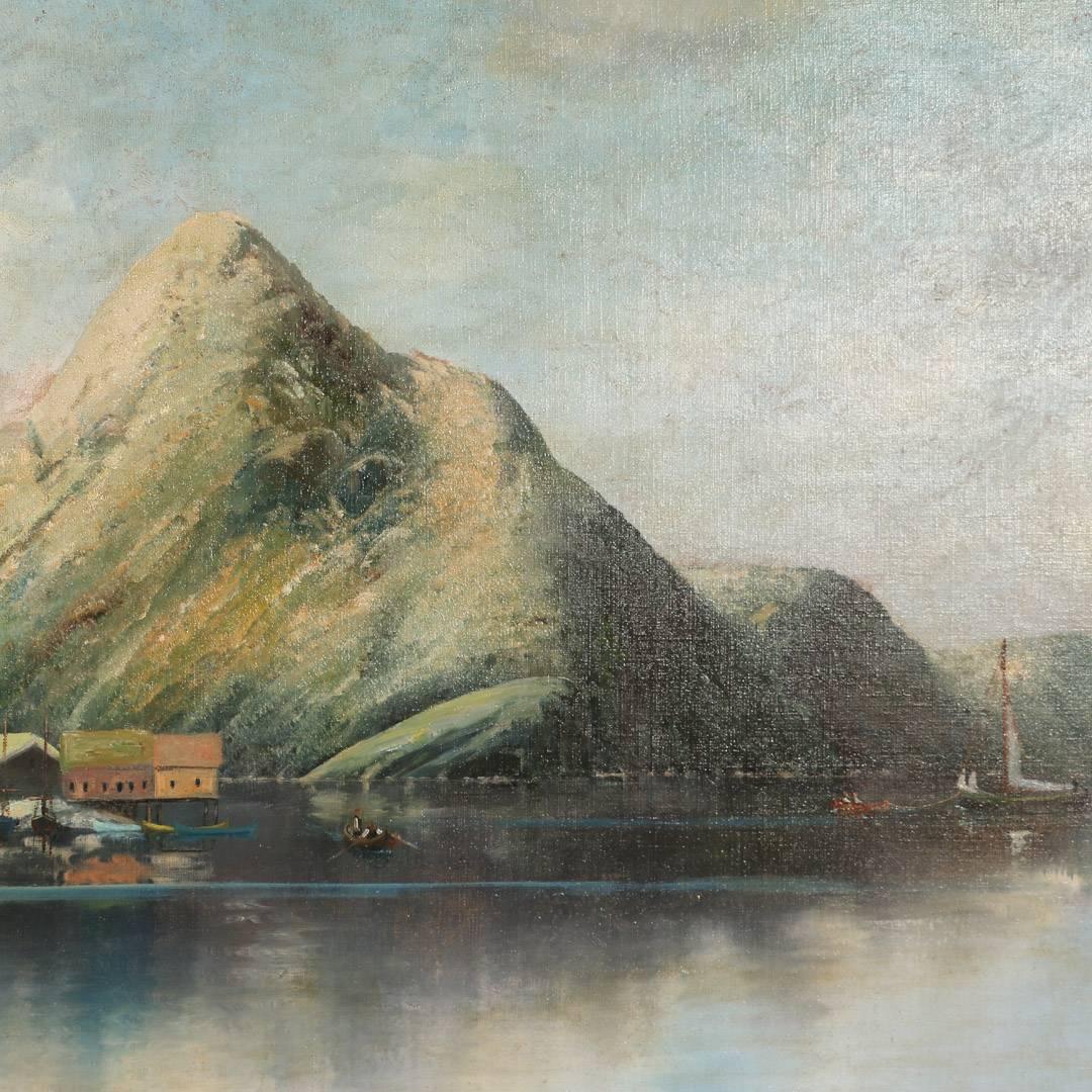 Antique Oil on Canvas Painting of Norwegian Sea Harbor and Mountains, circa 1890 2