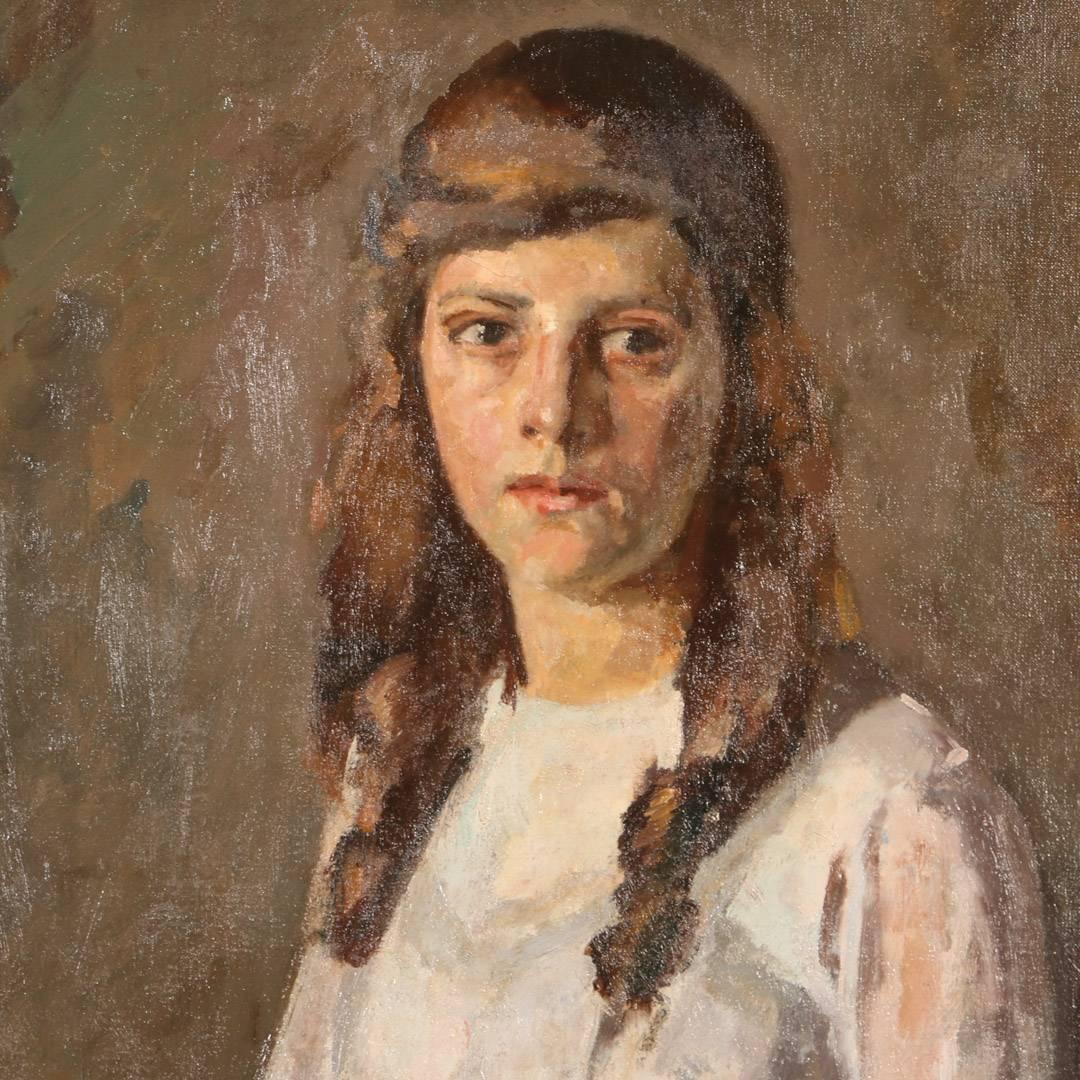 girl in white dress painting