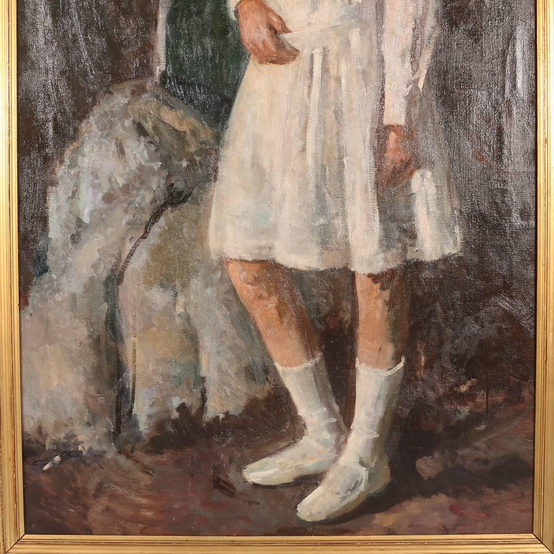 Danish Large Oil on Canvas Painting, Full Portrait of Young Girl in a White Dress