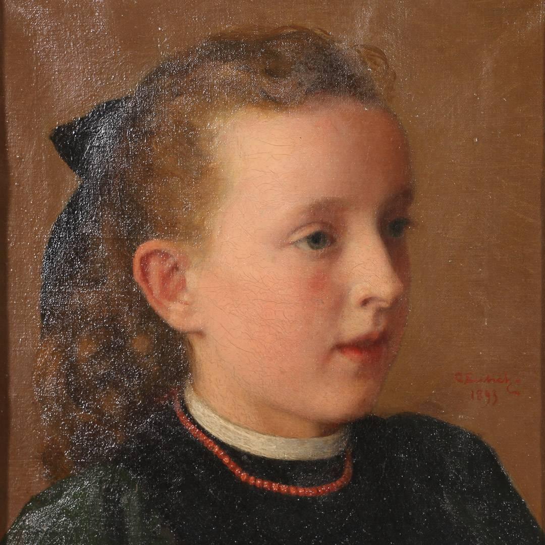 19th Century Antique Oil on Canvas Painting, Portrait of a Girl, circa 1890