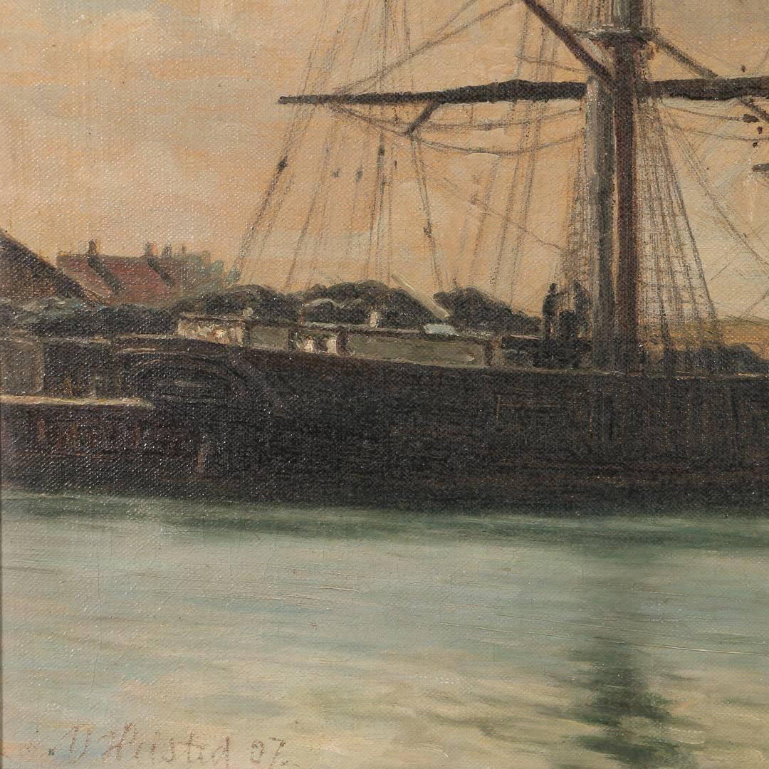 20th Century Antique Marine Oil on Canvas Painting, Two-Masted Schooner, Signed V. Helsted