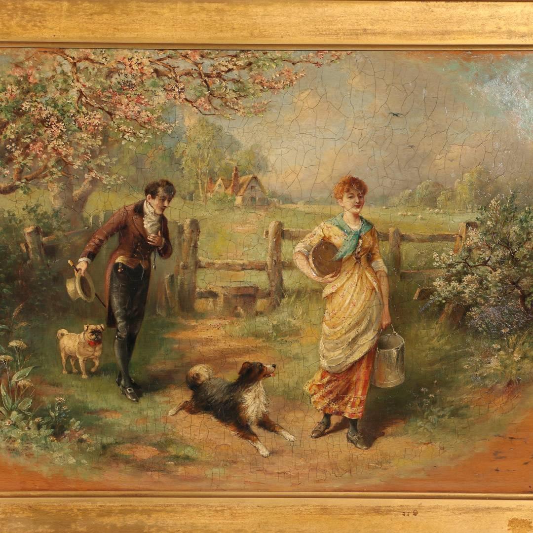 Victorian Antique Oil Painting, Couple and Dogs on a Country Lane, signed Murray MacDonald