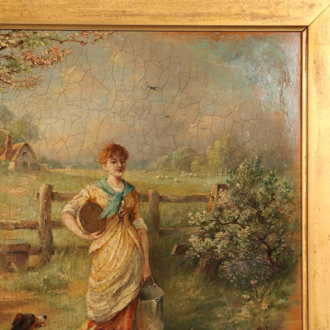 Antique Oil Painting, Couple and Dogs on a Country Lane, signed Murray MacDonald In Good Condition In Round Top, TX