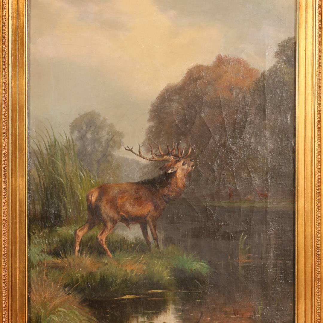 Antique oil on canvas painting of a red deer stag bugling on the lake shore of a beautiful wooded landscape by Danish artist Adolf Mackeprang (1833-1911). The name plaque on the front of the period gilt frame is labeled A. Mackeprang and the