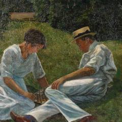 Oil on Canvas Painting of a Couple Playing Checkers, circa 1915