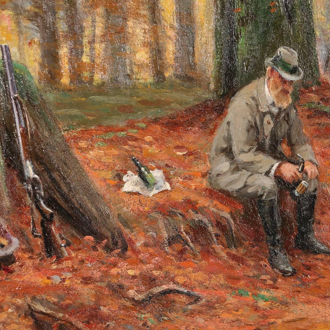 Antique Oil Painting of a Hunter at Rest, circa 1897, Signed R. Bissen 1