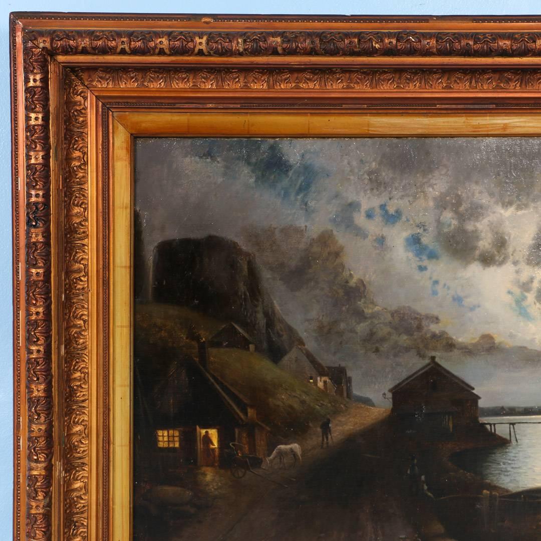 Large unsigned antique painting on canvas of a moonlit fishing village from Denmark, circa 1840. Note the horse and buggy in the street outside a house lit from within; a person's silhouette in the doorway and another walking up the lane. A man