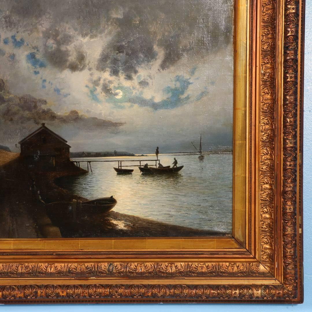 19th Century Antique Danish Painting on Canvas of a Moonlit Fishing Village, circa 1840