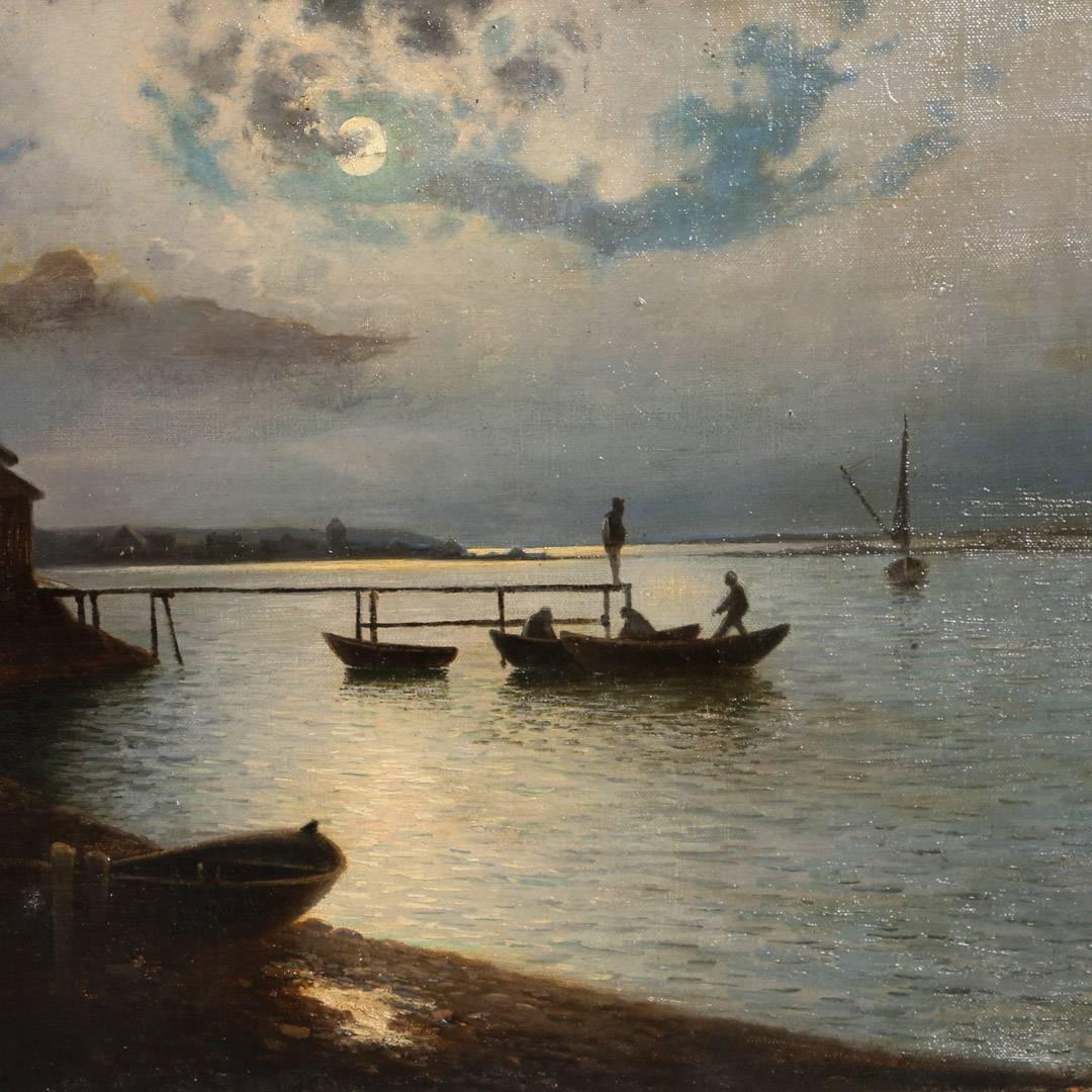 Antique Danish Painting on Canvas of a Moonlit Fishing Village, circa 1840 2