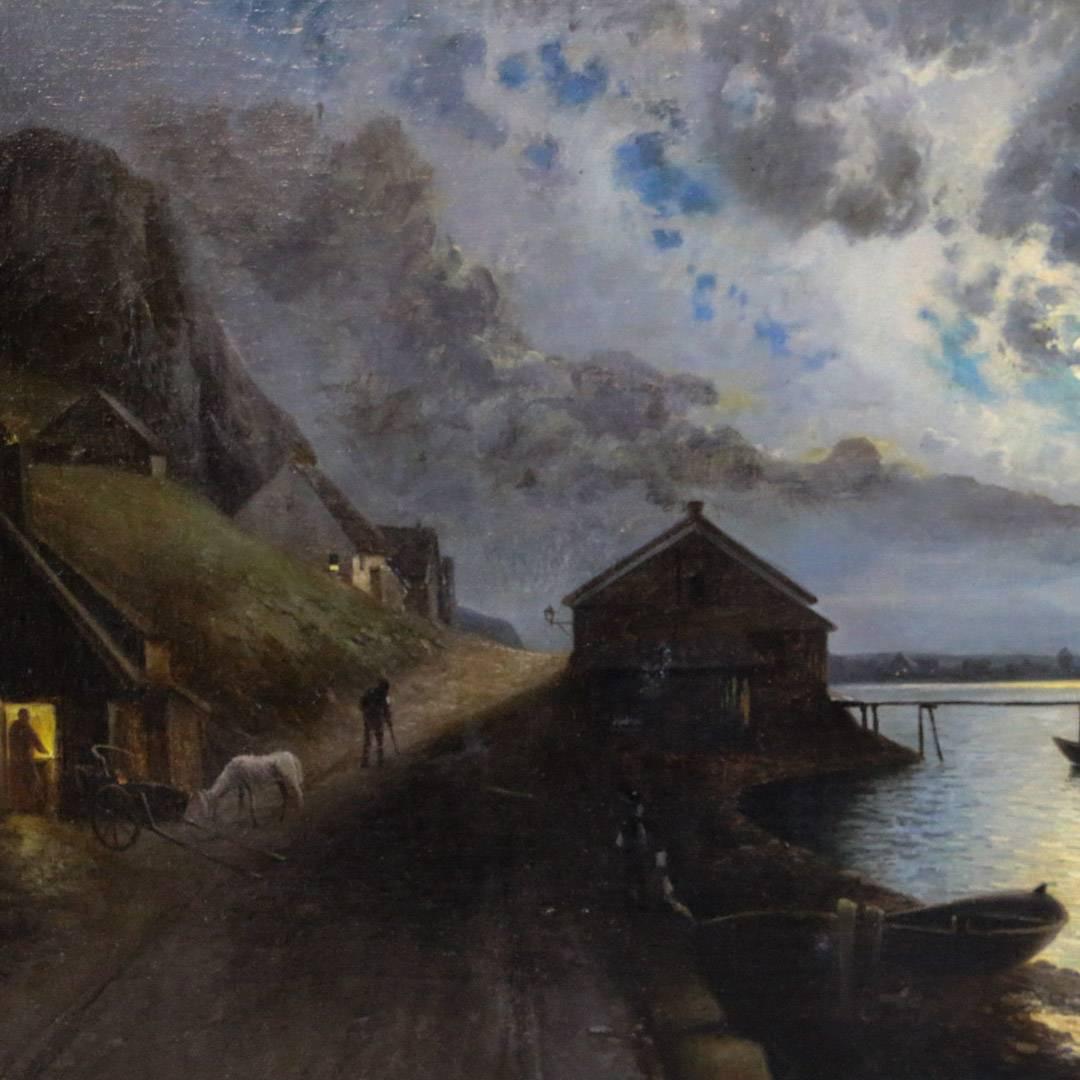 Antique Danish Painting on Canvas of a Moonlit Fishing Village, circa 1840 4