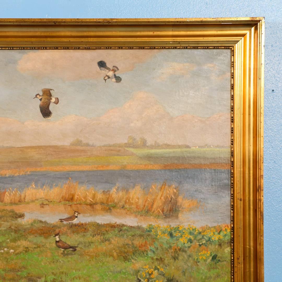 Danish Vintage Painting of Shore Birds in a Marsh, Signed C. Hoyrup, circa 1920
