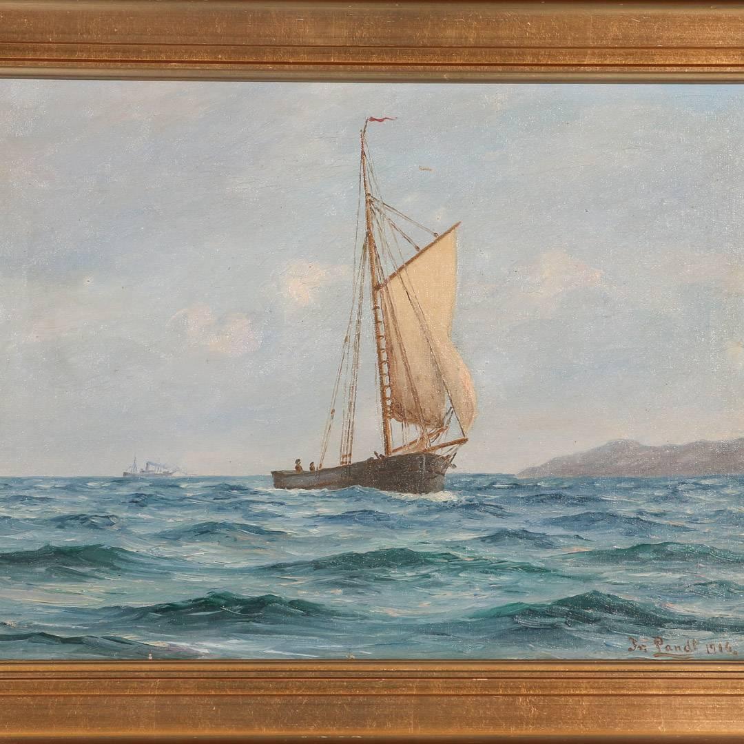 Vintage marine painting of a small sailboat in choppy water with the coast visible on the port side and a steam ship on the horizon, signed in the lower right Fr. Landt with the date 1916 . Please take a moment to enlarge the photos and examine the