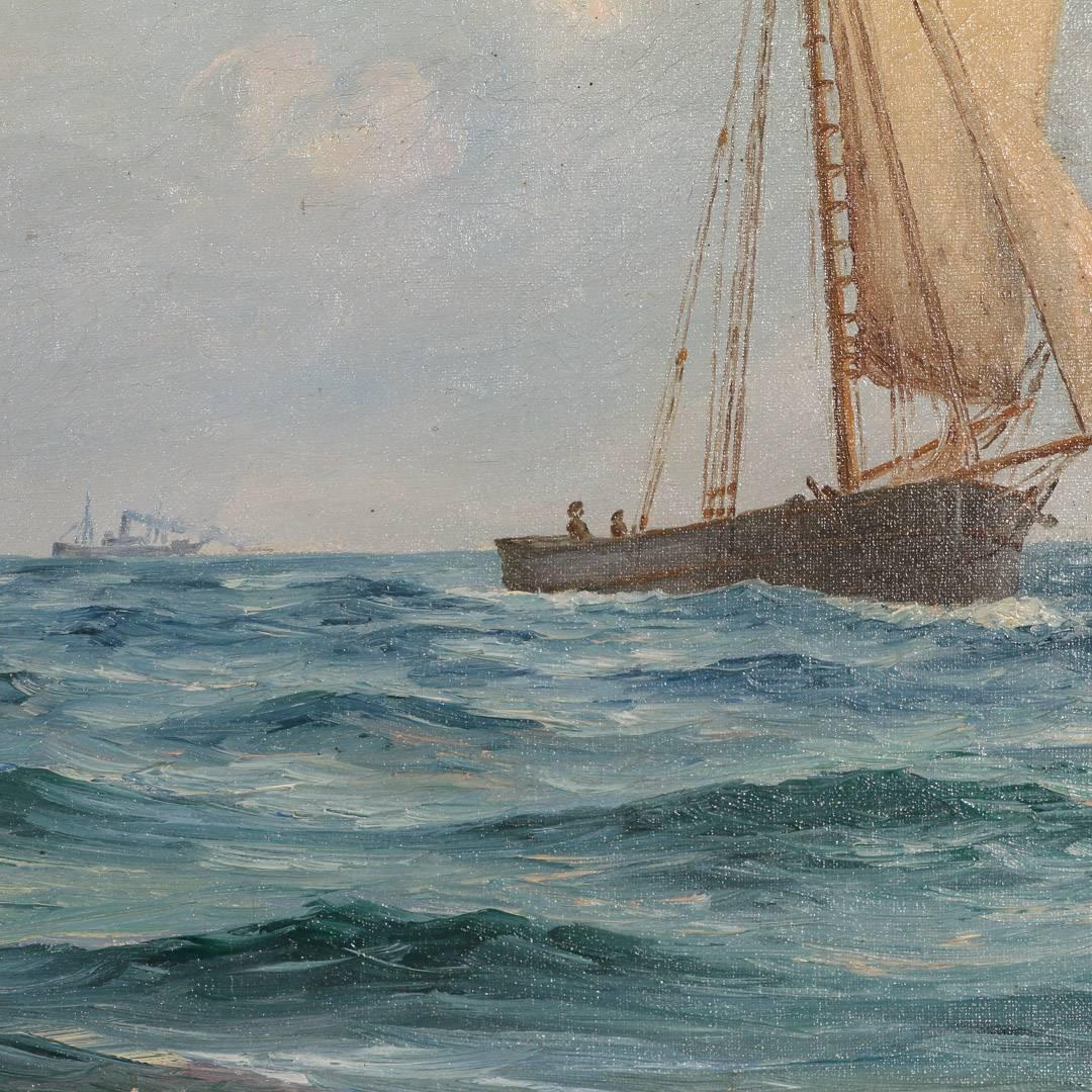 Vintage Marine Painting of a Small Sailboat, Signed Fr. Landt, Dated 1916 In Good Condition In Round Top, TX