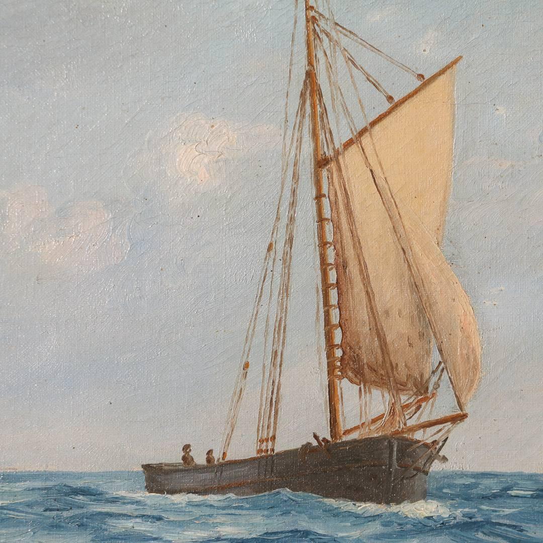 Vintage Marine Painting of a Small Sailboat, Signed Fr. Landt, Dated 1916 1