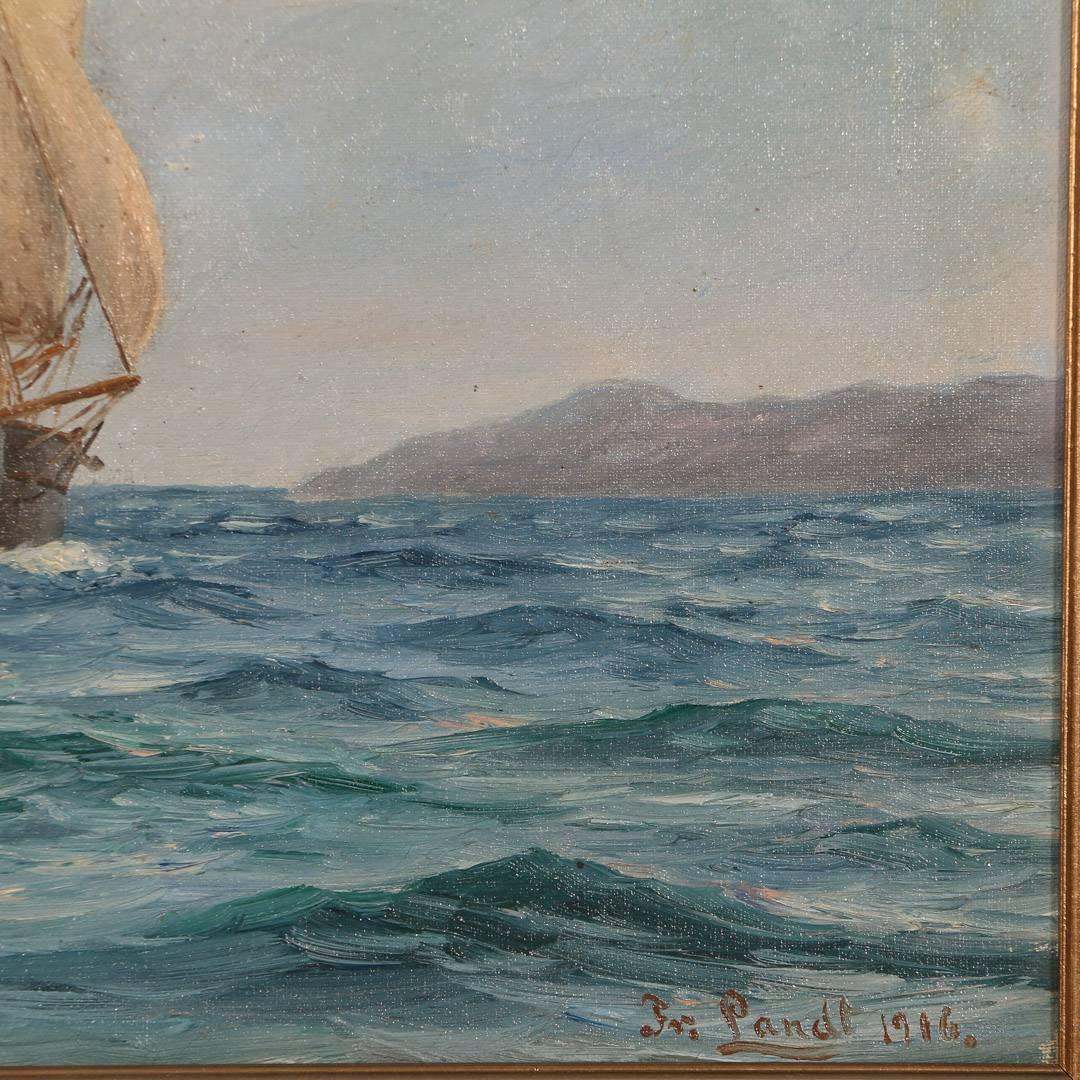 20th Century Vintage Marine Painting of a Small Sailboat, Signed Fr. Landt, Dated 1916