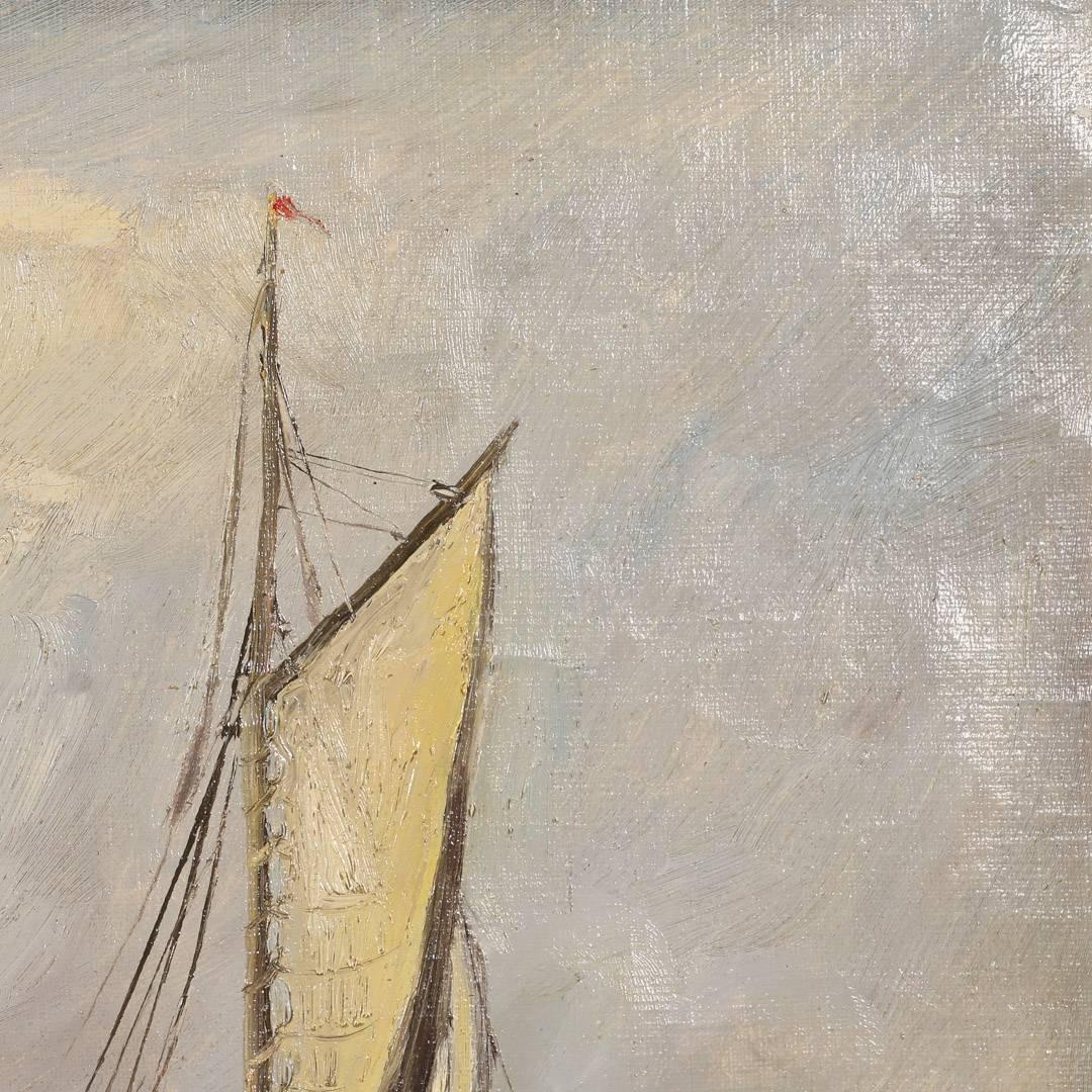 Antique Danish Marine Painting of a Sailboat Signed Fr. Landt, circa 1949 In Good Condition In Round Top, TX