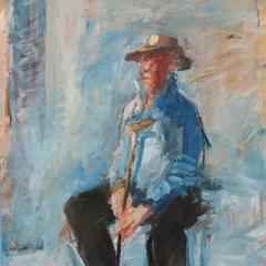Signed Contemporary Swedish Painting of a Sitting Man in Blue, Dated 1991