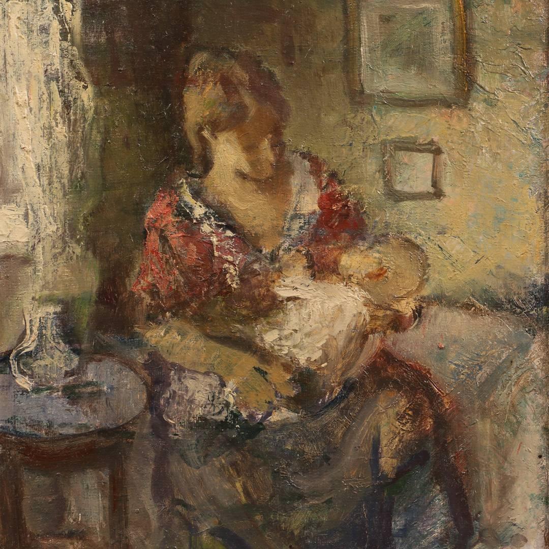 An antique, Scandinavian impressionist painting of a mother and child, circa 1920. Signed in the lower left Emiel Hansen, the canvas is displayed in a vintage giltwood frame. Please take a moment to enlarge the photos and examine the details up