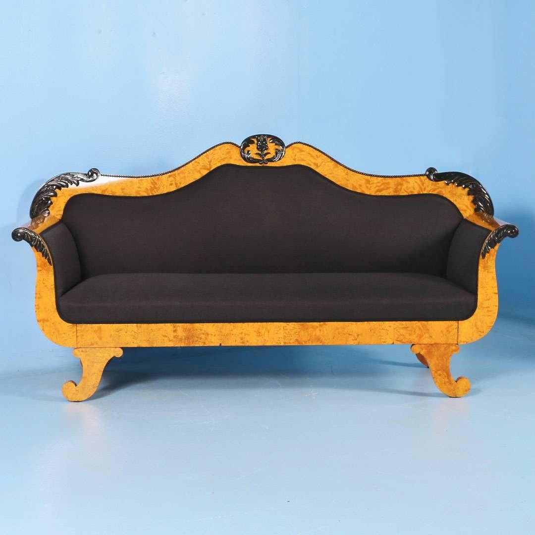 Stunning antique Swedish Biedermeier sofa, circa 1840-1860. The ebonized applied carving adds a contrasting detail against the polished flame birch. The seat and back have been re-upholstered and the frame professionally restored, adding a warm rich