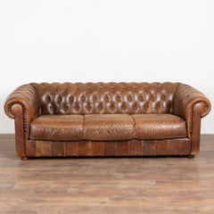 20th Century English Vintage Brown Leather Chesterfield Three Seat Sofa