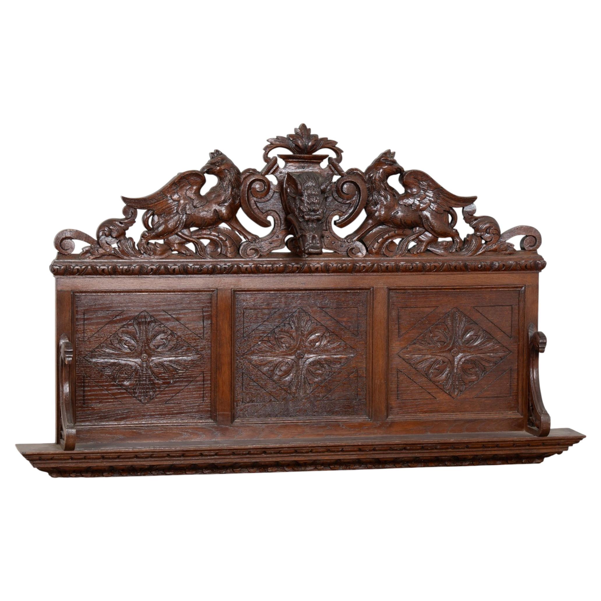 19th Century Carved Oak Wall Shelf with Boar’s Head and Griffins For Sale