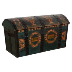 Original Hand Painted Teal Oak Dome Top Swedish Trunk Dated 1846